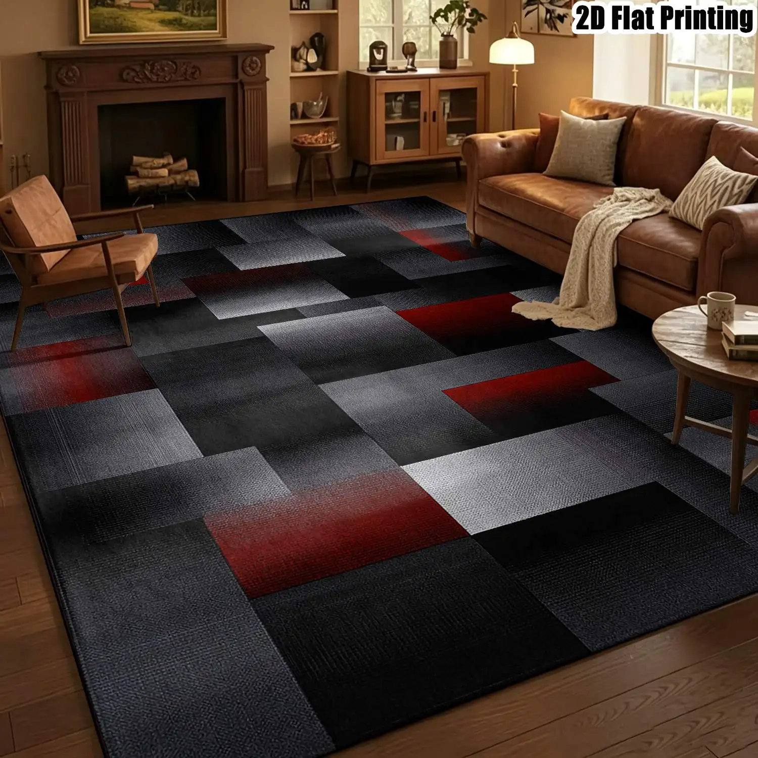 1Pc 2D Printed Red Black Geometric Square Pattern Carpet, Nordic/Instagram Style, Modern Simple Home Decor Rug, Machine Washable, Multi-Size, for Entrance, Dining Room, Bedroom, Living Room