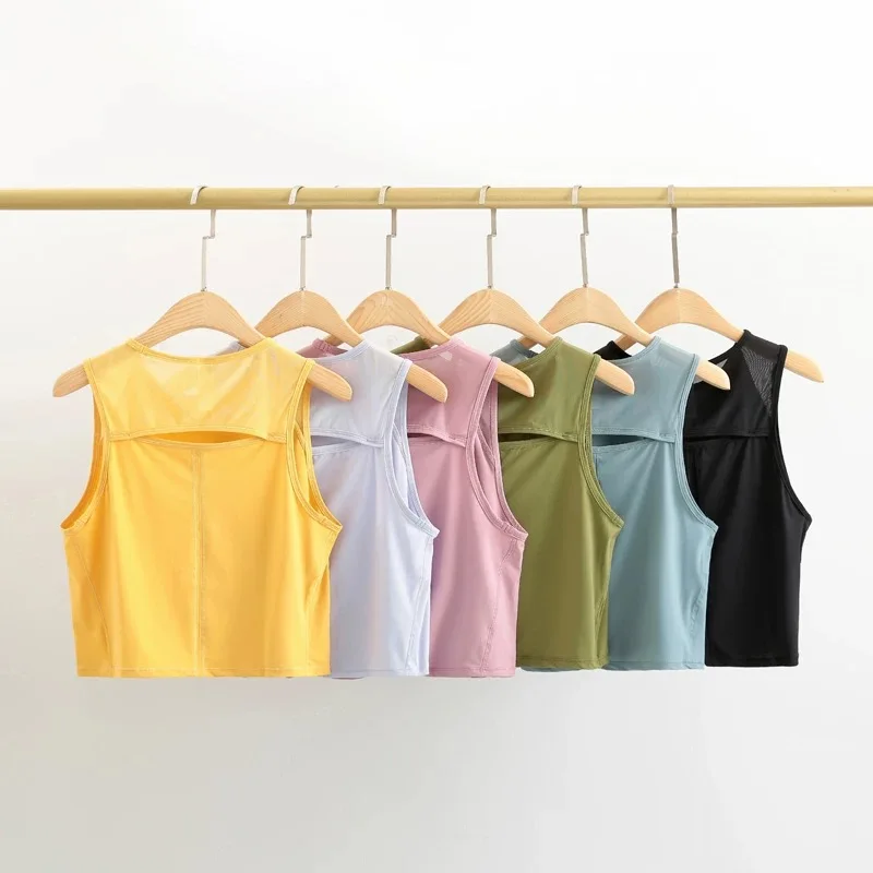 

Женский тренировочный топ со встроенной сеткой, удобная укороченная спортивная рубашка без рукавов с открытой спиной для занятий спортом, йогой и бегом