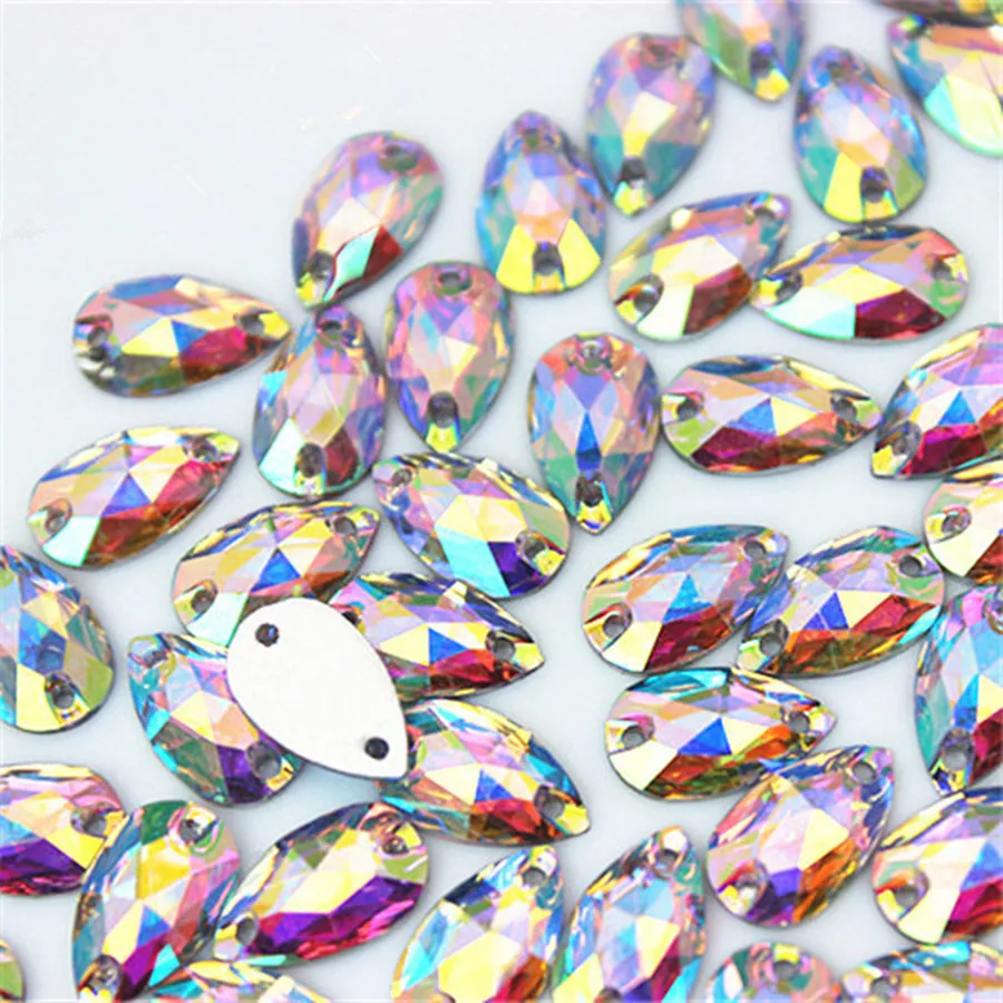 50-200pcs 6*12/7*12mm Drop Shape Crystals AB Rhinestone Flatback Sewing 2 Hole Stones Resin For DIY Wedding Dress WC66