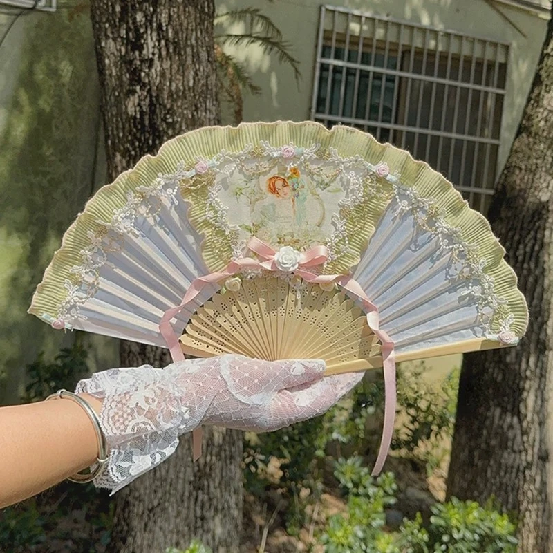 For Vintage Lace Folding Fan, Renaissance Palace Style Hand Fan with Wooden Ribs, Photography Prop