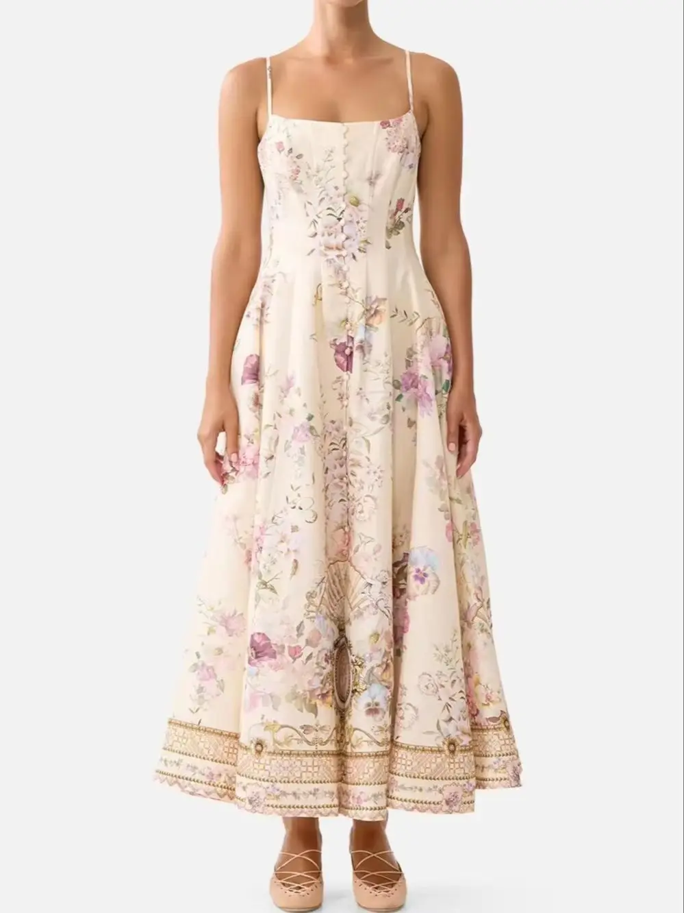 Zomerjurk voor dames met bloemenprint, vierkante kraag, hoge taille, mouwloos, enkele rij knopen, elegante jurk met kristallen kralen - afbeelding 2