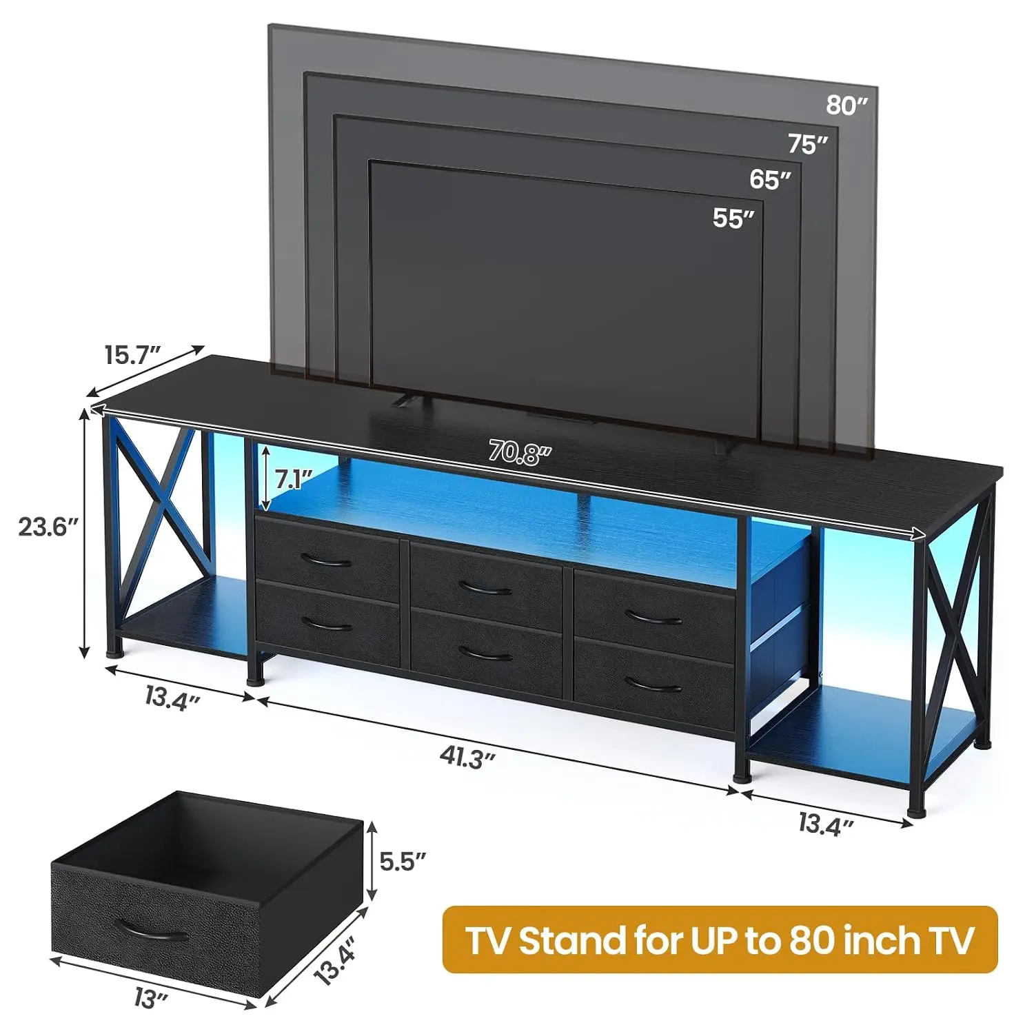 TV Stand with LED Lights & Power Outlets for 85 Inch TV, 6 Fabric Drawers Entertainment Center with Storage Shelves, 71
