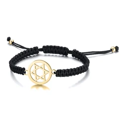High Polished Stainless Steel Round Circle Inside Jewish Star Of Davids Macrame Bracelet Women Men Red String Black Cord Jewelry