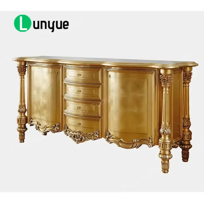 Custom Luxury Classic Gold Sideboard with Mirror High End Carved Dining Room Storage Furniture