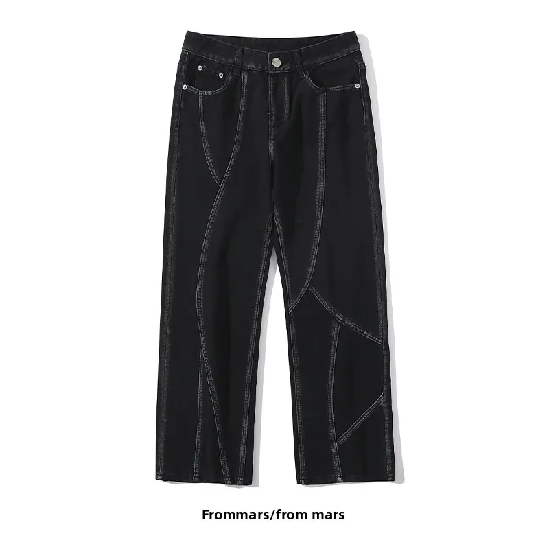 

Loose High Street Retro Chinese Trend Denim Jeans Color Blo Contrast Design Casual Straight Leg Trousers for Men