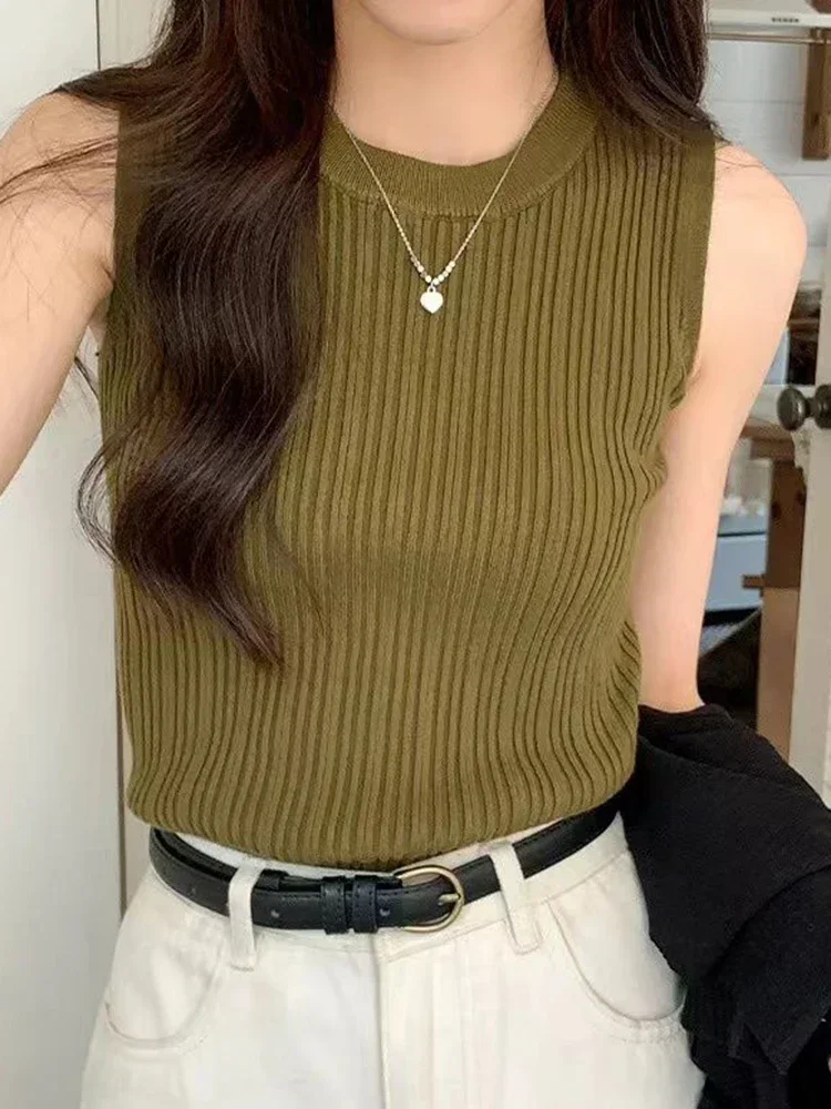 Blusa sin mangas, camisa para mujer, chaleco de punto acanalado con cuello redondo, chaleco liso, Tops de verano para mujer, Tops informales básicos, traje