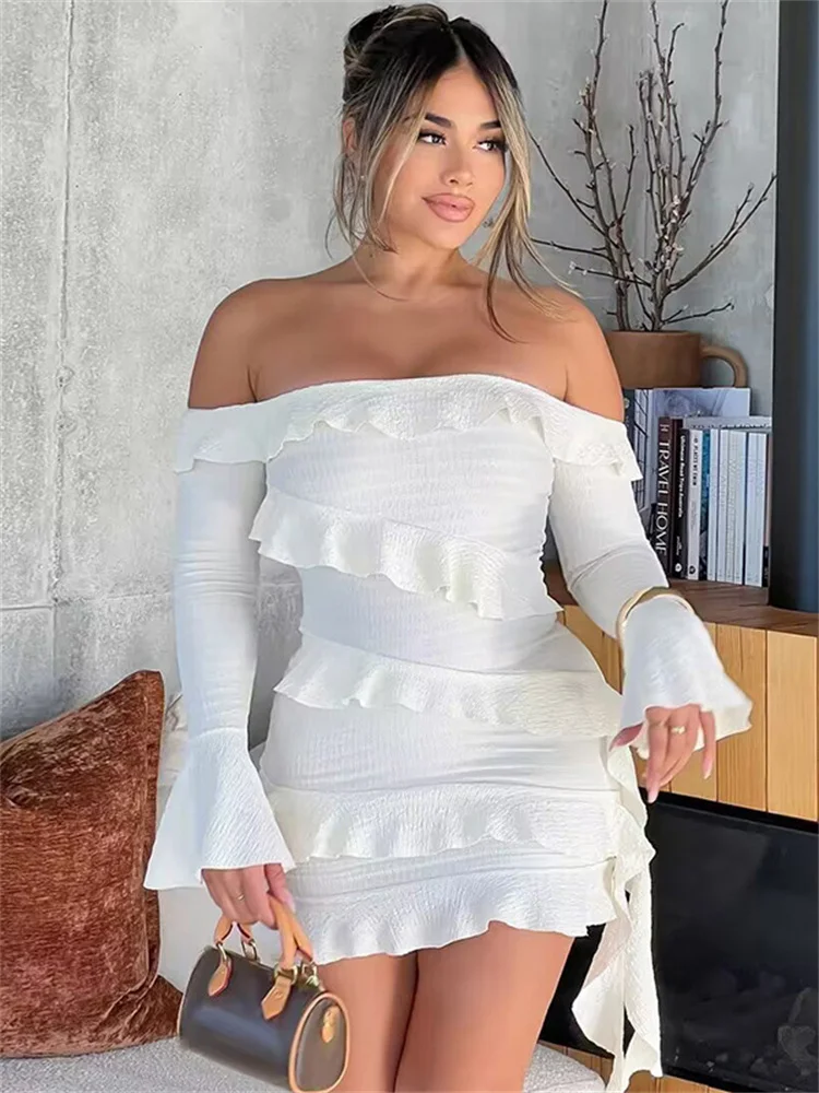 

Tossy Ruffled Patchwork Bandeau Mini Dress Female Solid Long Sleeve Slim Fashion Tassel Bandage Dress For Women Backless Dress