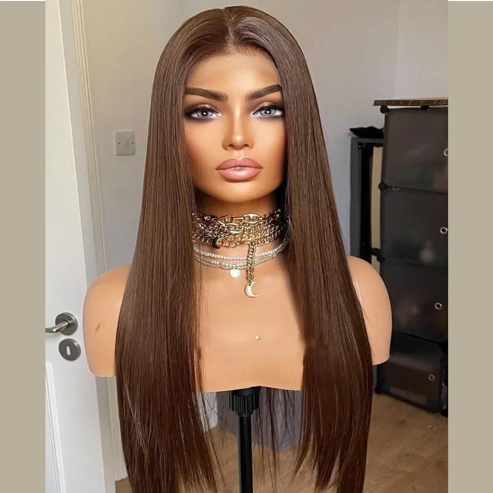 

Brown Glueless Soft Long Straight 5x5 Silk Base Jewish Human Hair With BabyHair HD Lace European Hair Preplucked