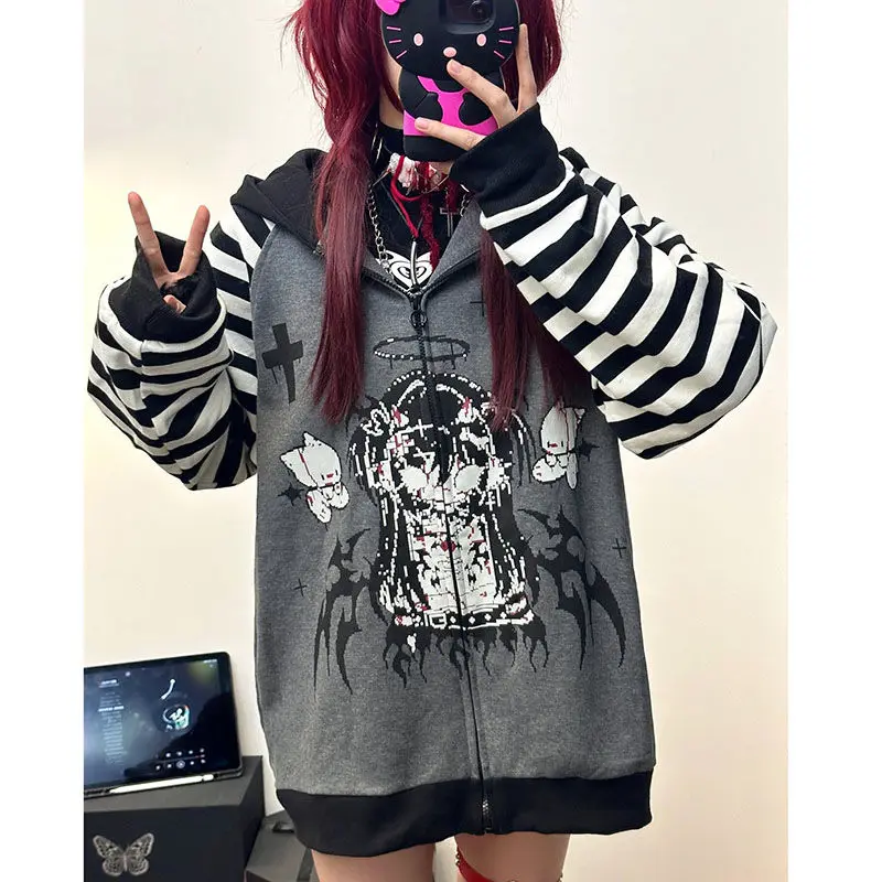 Spring New Punk Cat Ear Stripes Trendy Sweatshirt Casual Y2k Anime Hoodie Japanese Subculture Devil Print Loose Zip Up Hoodie
