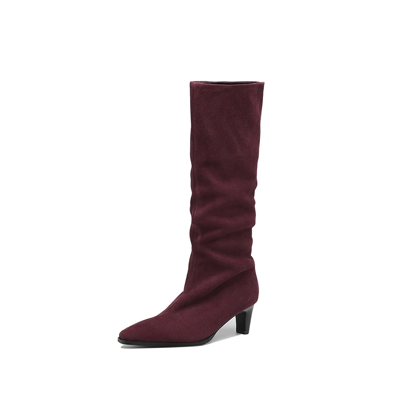 2026 New Trend Natural Cow Suede Women Shoes Autumn Winter Slip-On Boots Burgundy High Chunky Heels Pointed Toe Knee High Boots