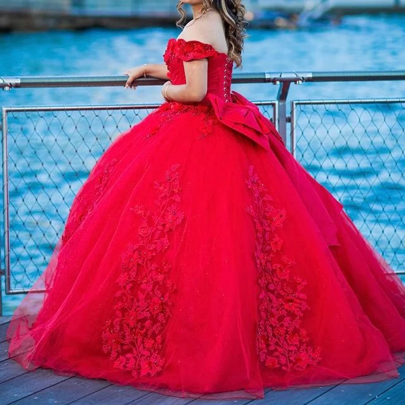 Iriserende Rode Baljurk Quinceanera Jurken Met 3d Appliques Sexy Lovertjes Big Strik Prinses Formal Party Vestidos De 15 Años