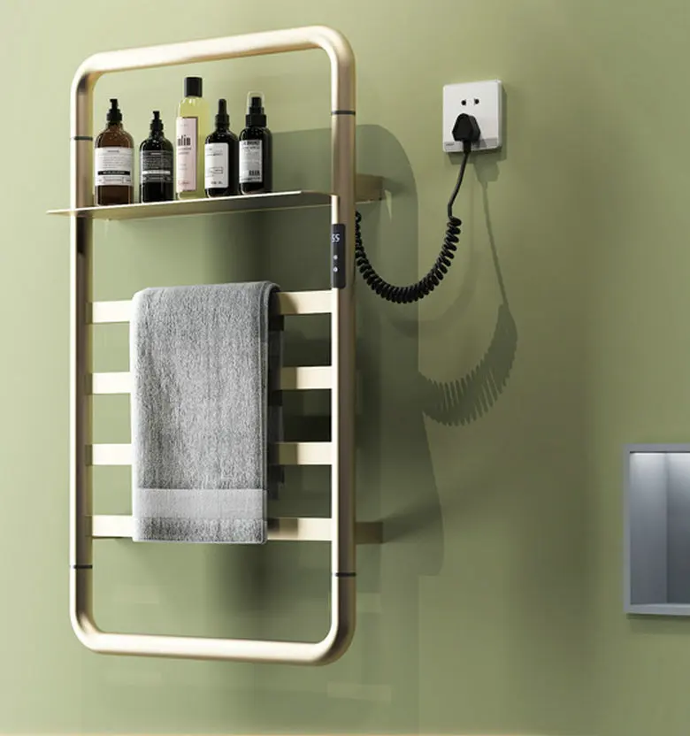 Wall mounted intelligent carbon fiber heated towel rack, waterproof brushed gold stainless steel electric towel rack GN510SJ