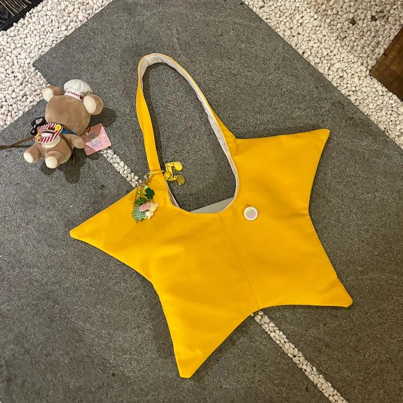 Women Cute Yellow Star Shoulder Tote Bag Eye-catching Handheld Handbag Fashion Casual Daily Shopping Bag No Hanging Accessories