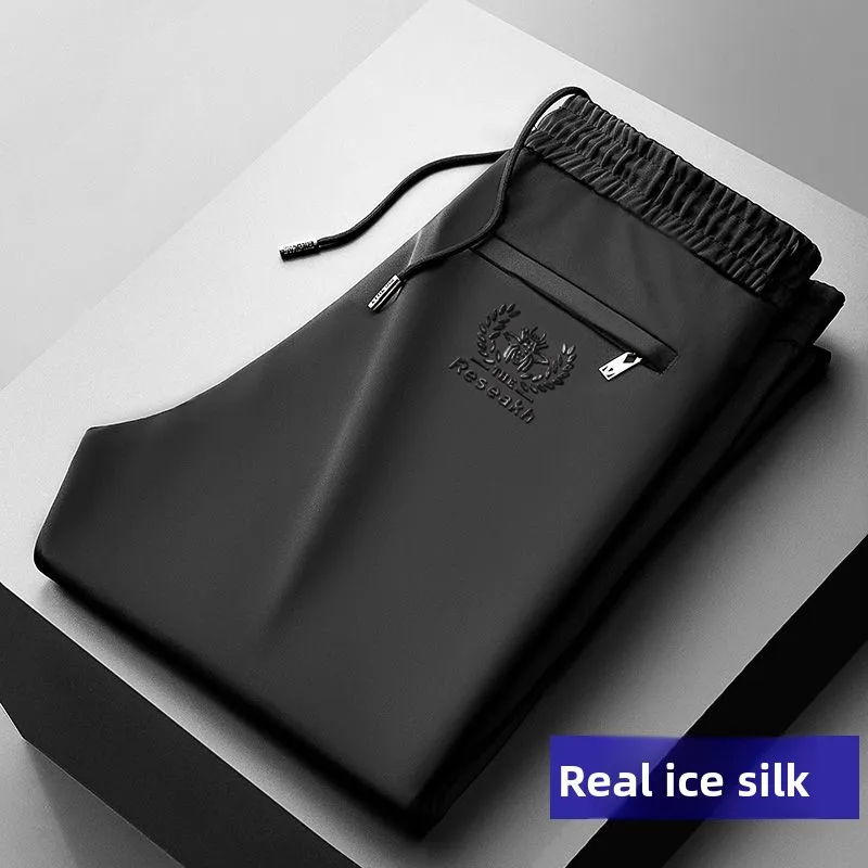 

Мужские элитные летние тонкие шелковые прямые брюки, модные длинные брюки со средней талией, эластичные повседневные брюки для папы и ly