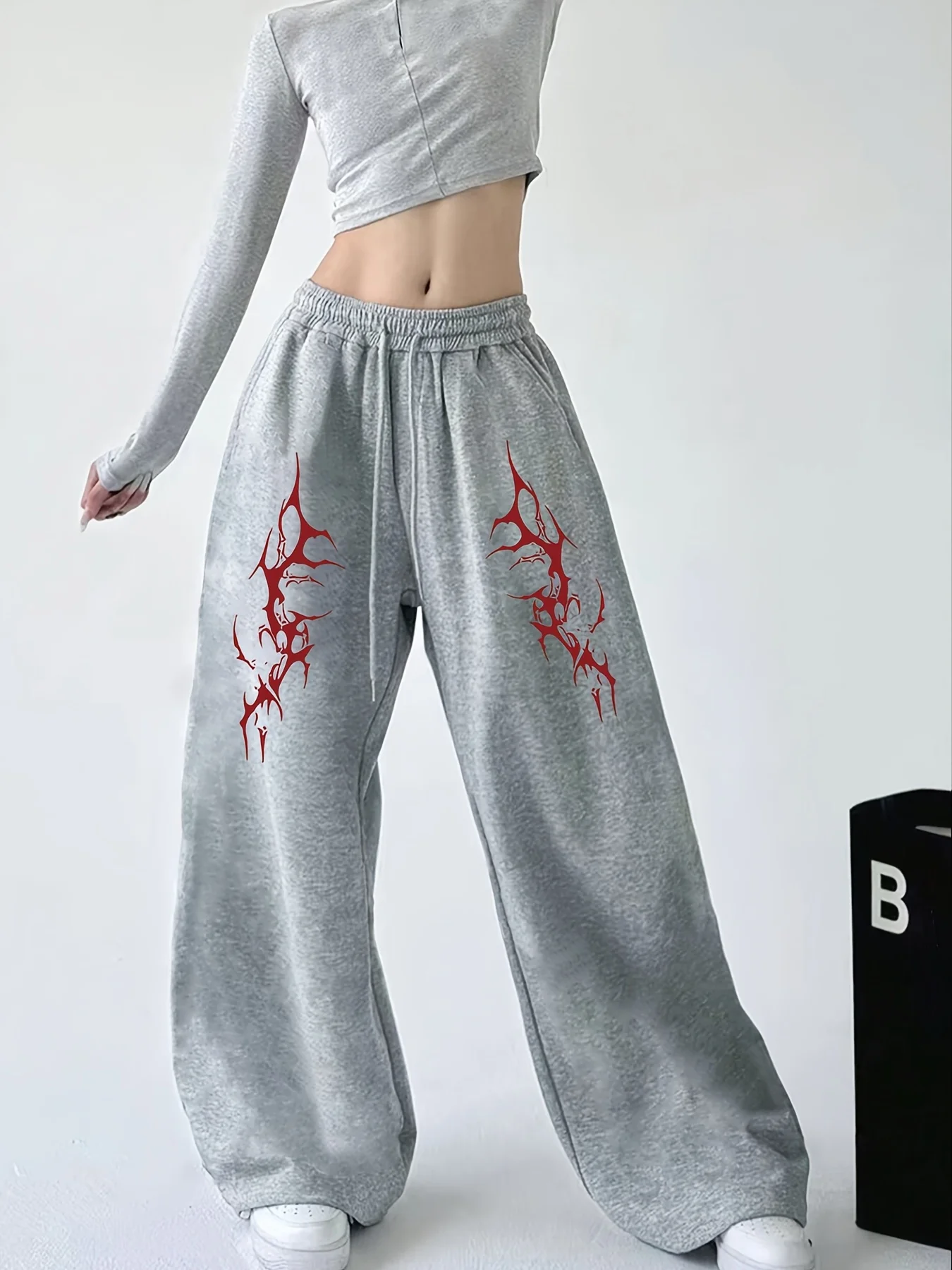 Women'S Casual Hip-Hop Street Style Printed Jogger Pants Loose Fit Drawstring Waist Cotton Knit Stretch Fabric