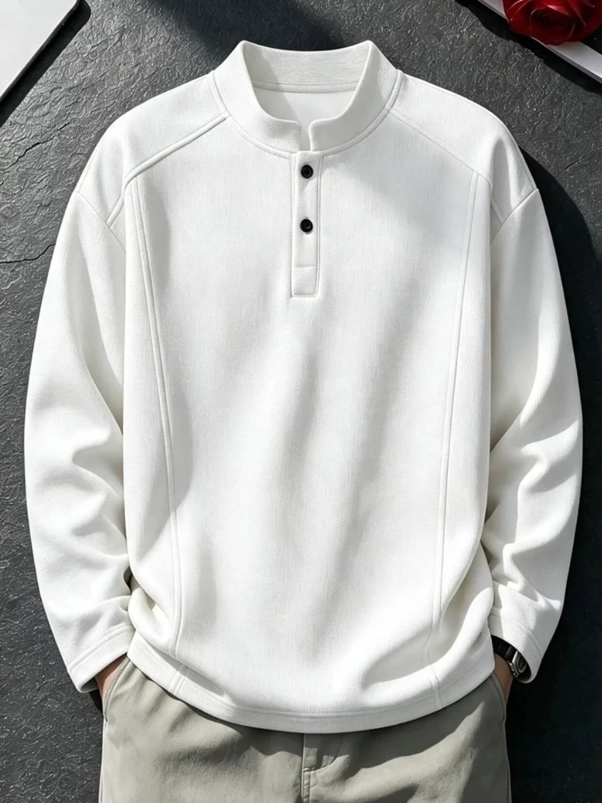 American Style Patchwork Handsome Henry Shirt Hoodie Men's Long Sleeve Base Layer T-Shirt Heavyweight Autumn Season Clothing