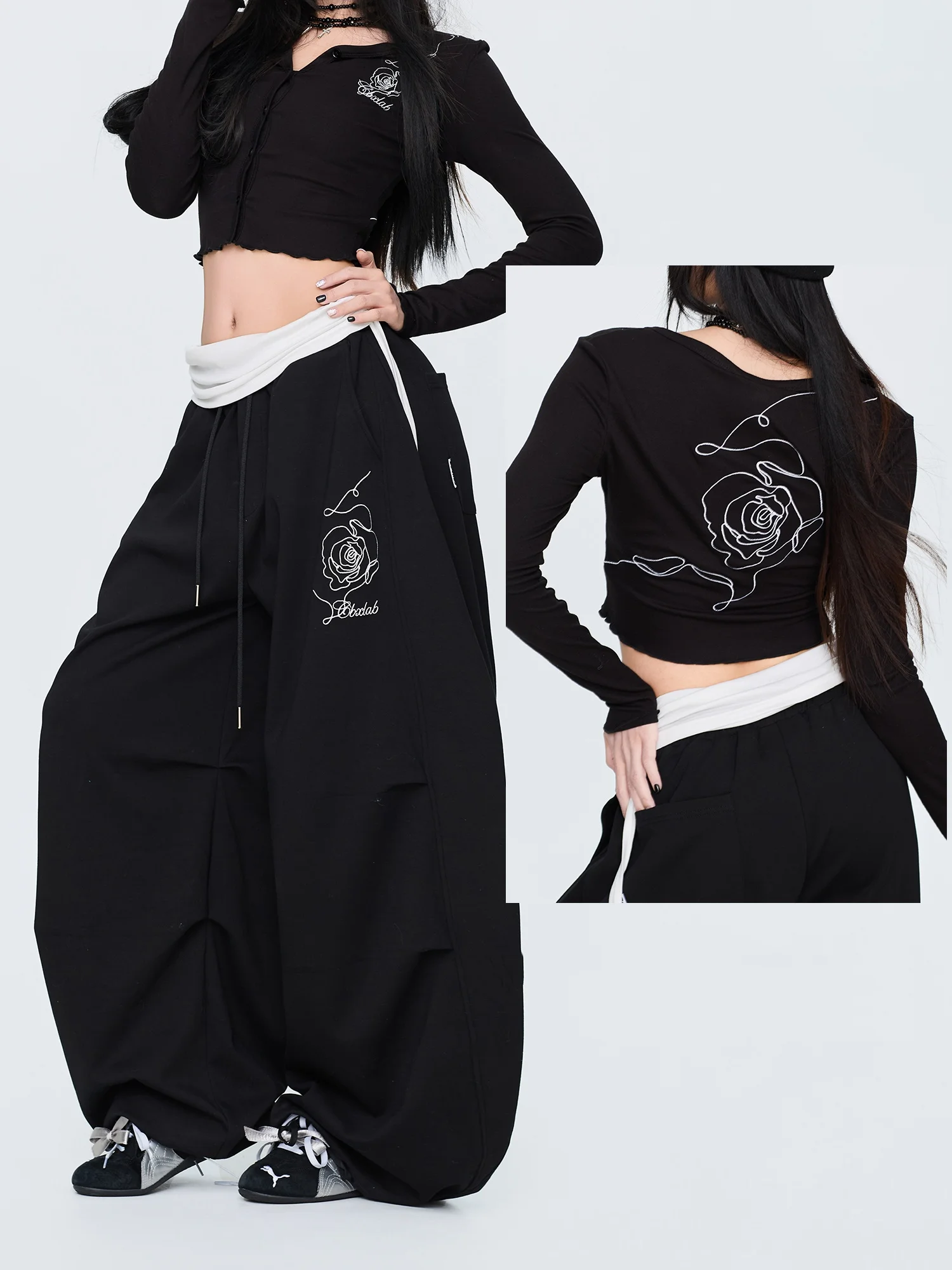 

American Sle Street Dance Rose Pleated Long Sve Dancing Set High Elastic Slim Fit Sports Pants for Women Casual Pants