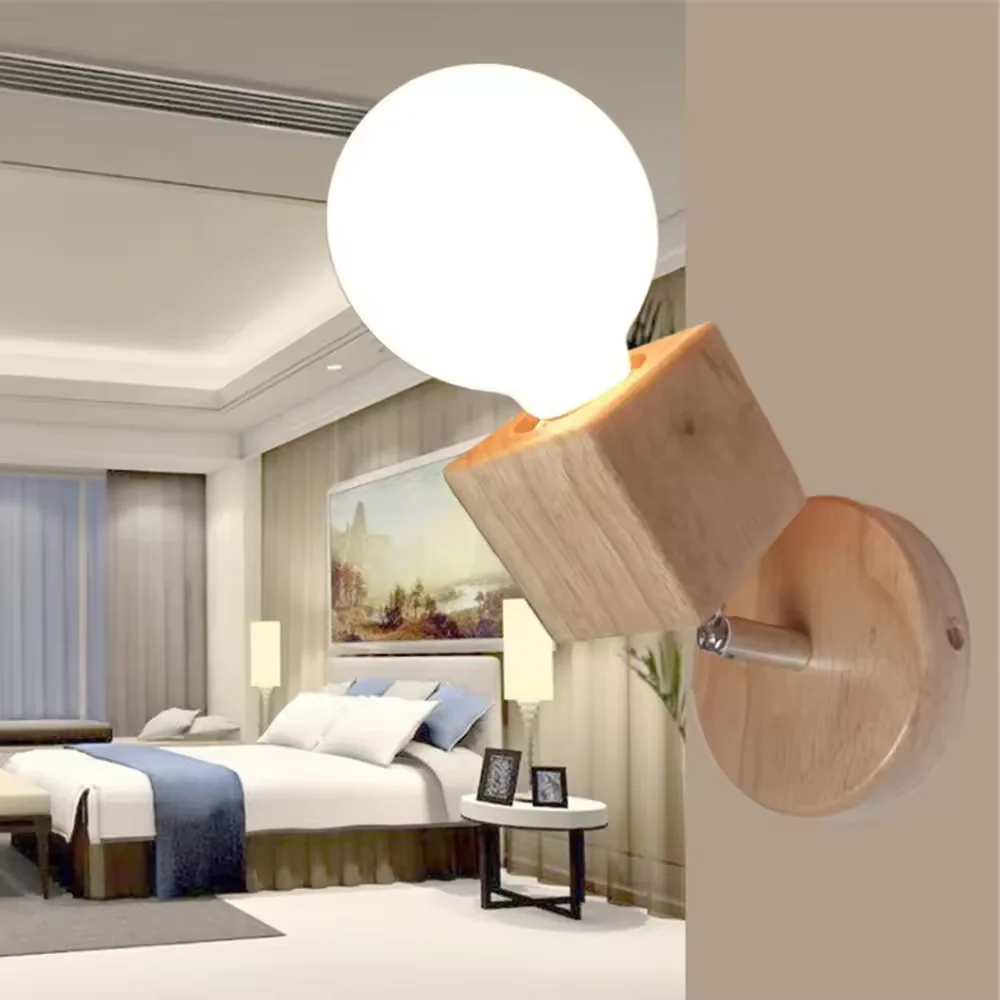 Nordic Bedroom Headboard Solid Wood LED Wall Light Simple Square Wood Round Chassis Restaurant Corridor Adjustable Angle Lamps