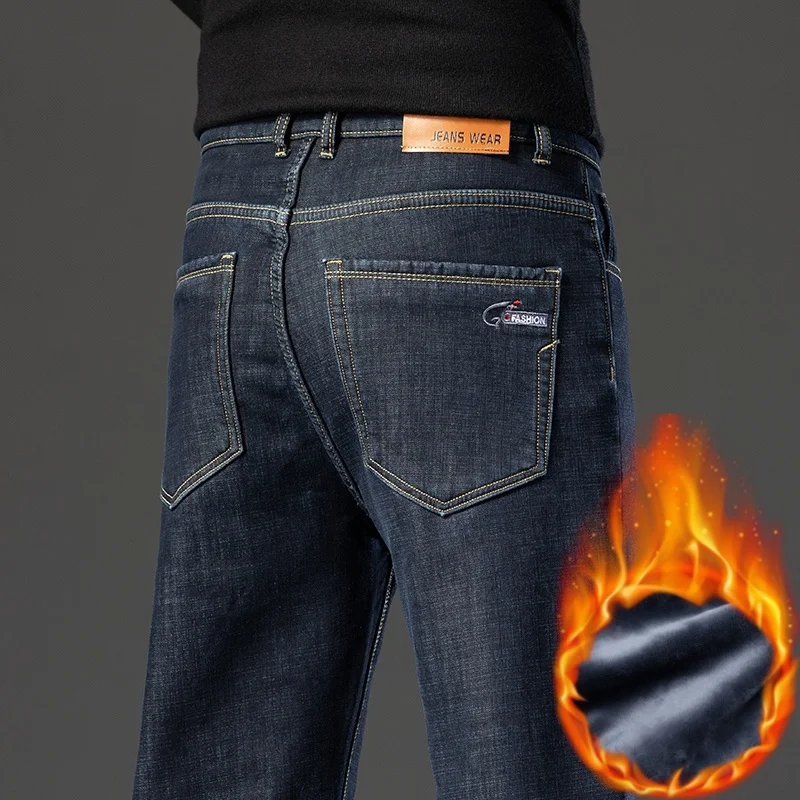Classic Winter Men's Fleece Jeans, High-quality Thickened Warm Wool Denim Pants, Nostalgic Straight Leg Business Pants