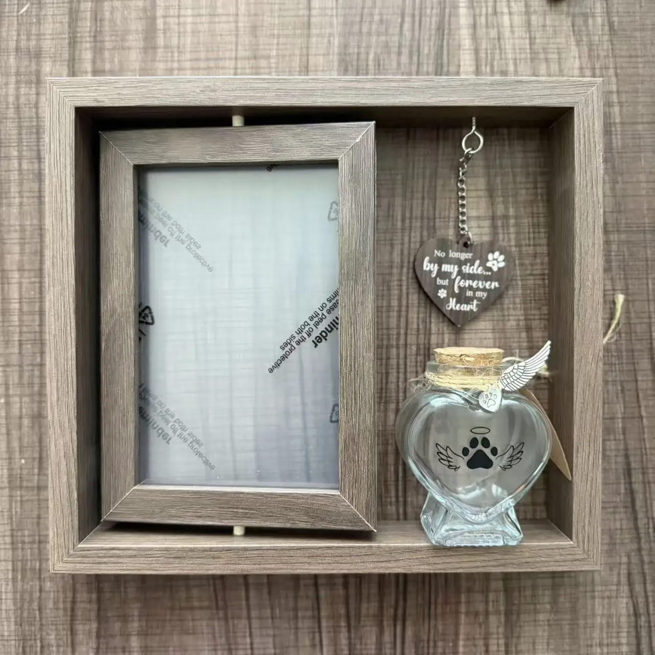 Pet Memorial Wood Frame Ashes Storage Bottle Set Vintage Wood Heart Glass Jar Cat Dog Hair Ashes Keepsake Mourning Table Decor