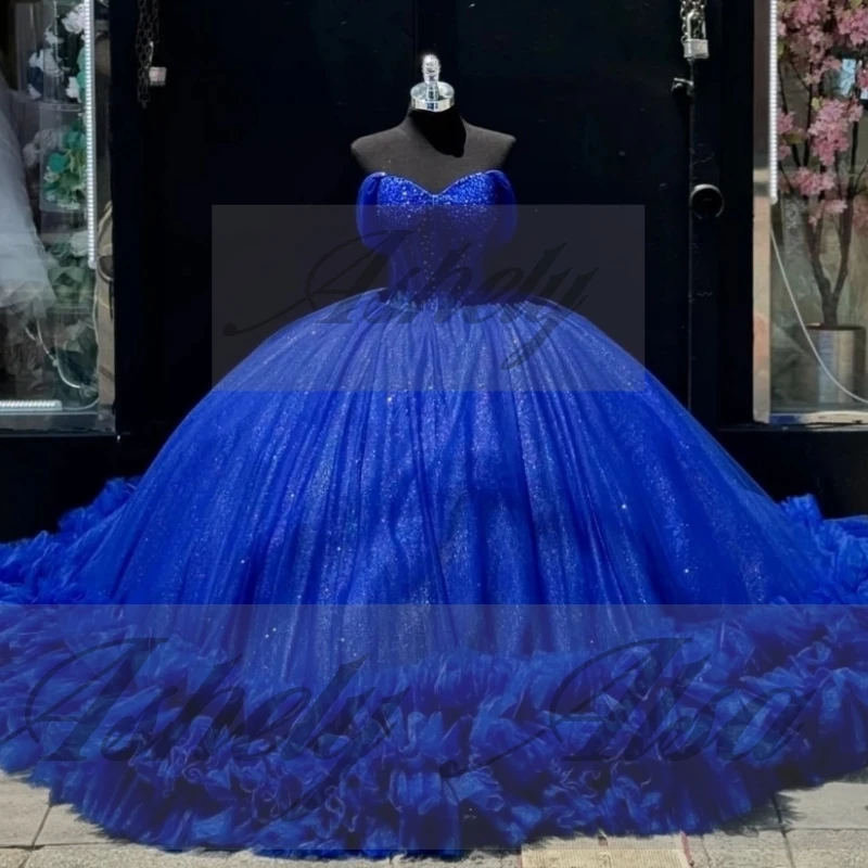 A16991 Sukienki Quinceañera dla 15-latki w kolorze prawdziwego królewskiego błękitu, zdobione koralikami, z falbankami, bufiaste, na bal, urodziny, specjalne okazje, szyte na miarę