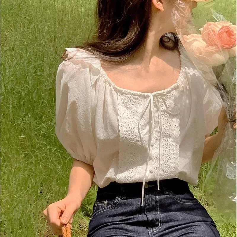 

Korean Chic Summer French Sweet Ruffle Square Collar Bow Bubble Sleeve Loose Short Sleeve Shirt Women's Fashion