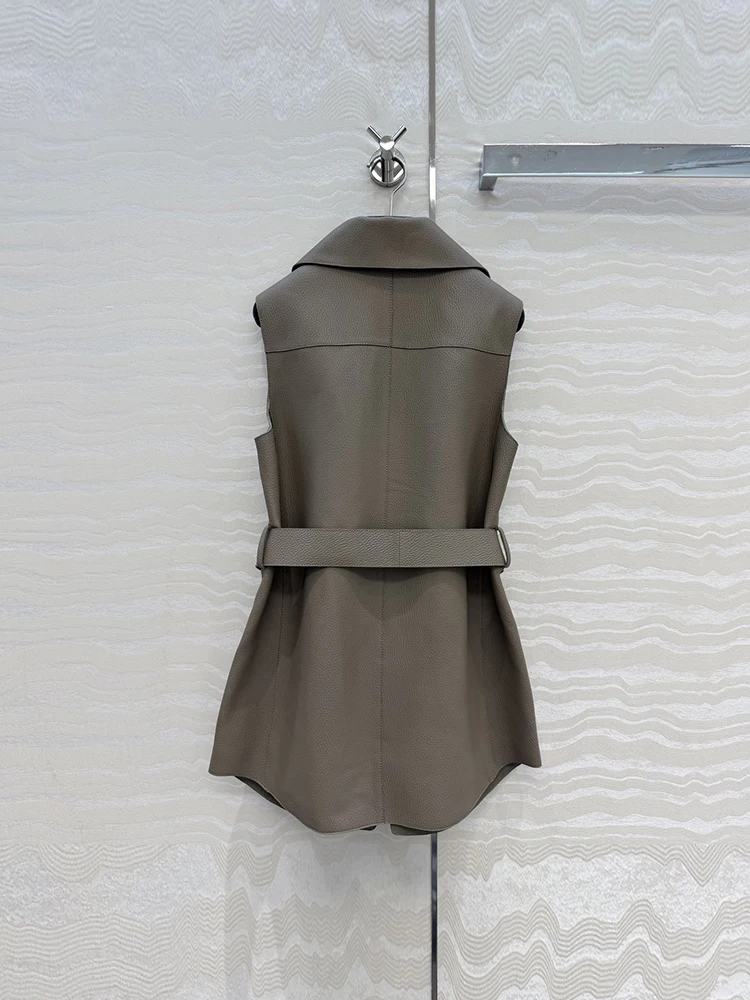 Spring Summer Fashion Grayish Brown Vintage Sheepskin Waistcoat Women's Turn-down Collar Metal Chain Sleeveless Belt Jacket