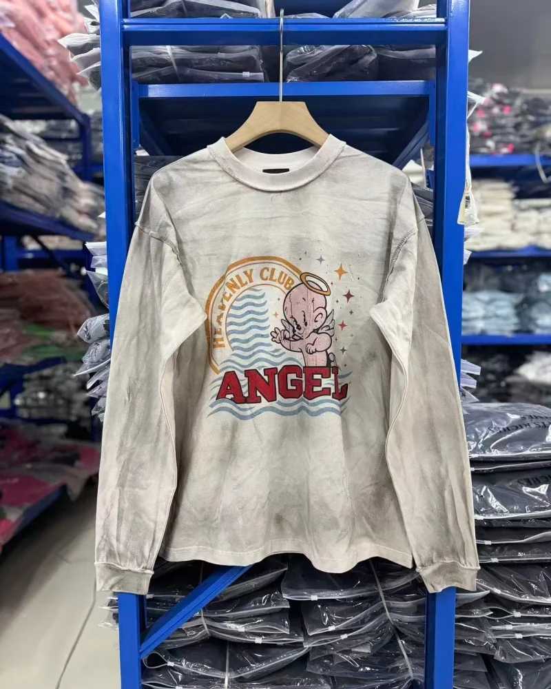 Fashion White Hip-Hop Loose Fit Crew Neck Loose Fit Starry Sky Little Angel Washed False Perception Long-Sleeve T-Shirt