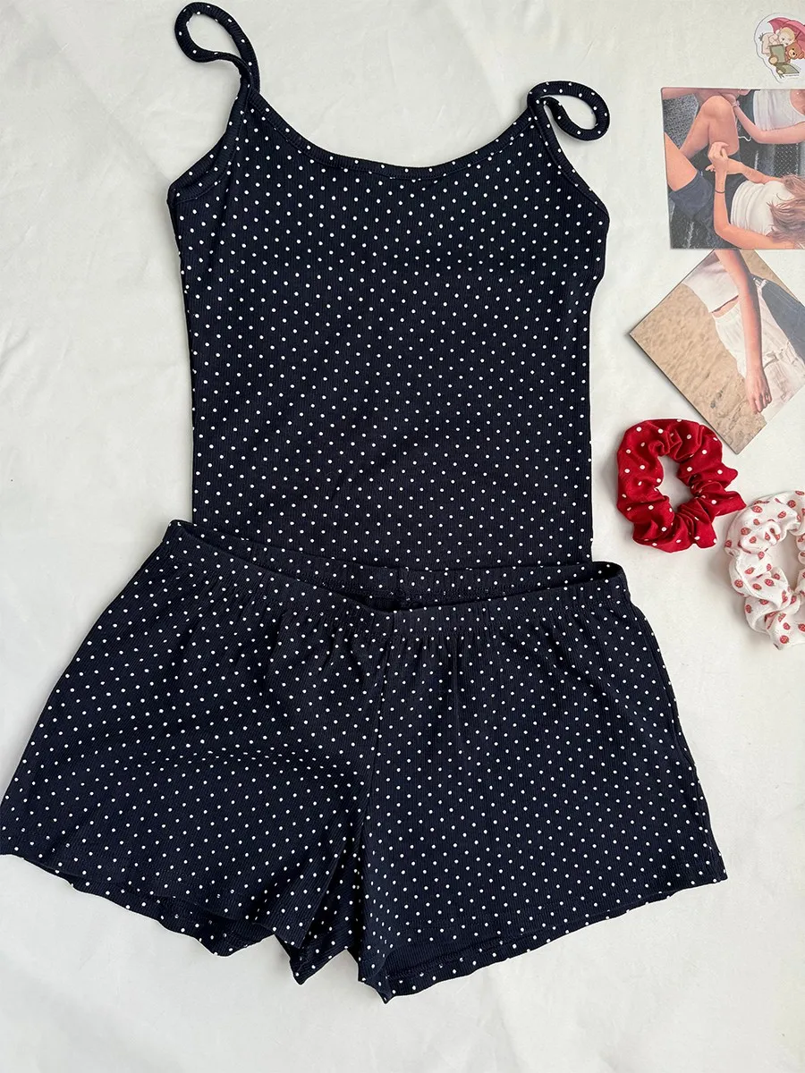 Navy Dot Ribbed Shorts Sets Women Summer Casual Sleeveless Crop Tank Top+Shorts Sweet Cute Home Cozy Slim Two-piece Set - view 2
