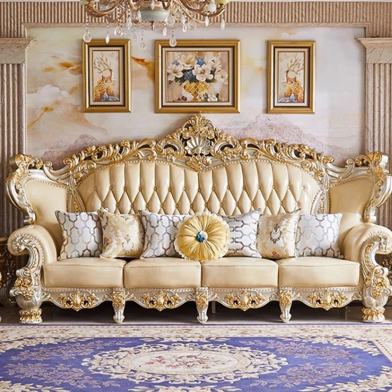 أريكة أنيقة لغرفة المعيشة أريكة جلد طبيعي خشب متين أريكة غرفة المعيشة صالة أنيقة أوروبا شقة أثاث غرفة Divano