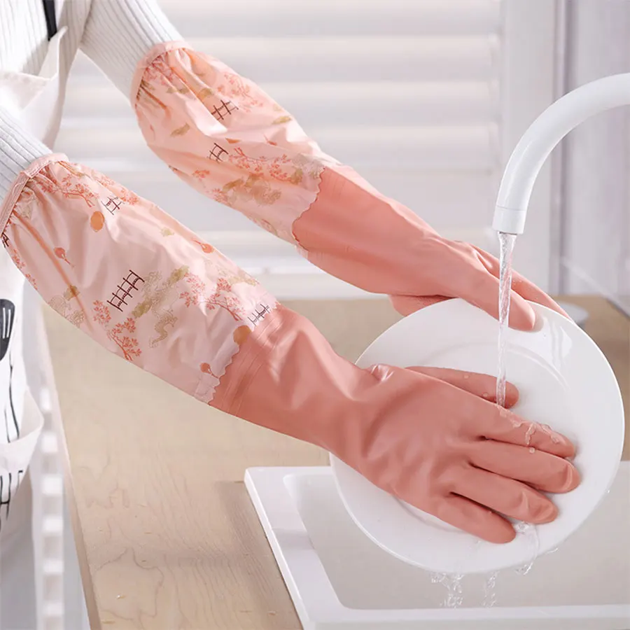 1 Pair Fashion Hemming Plus Velvet Warm Housework Gloves Kitchen Clean Durable Dish Washing Rubber Gloves