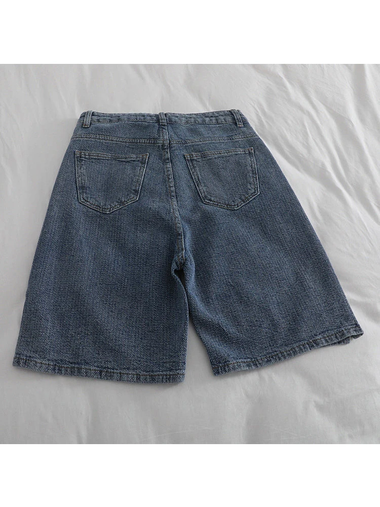 American Vintage Casual High Waist Blue Denim Shorts Fashion Women\'s Y2K Wide Leg Baggy Straight Jeans Pants Female Clothes