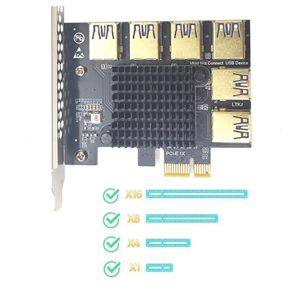 PCI Express Riser Card PCI-E 1X 1 to 6 USB 3.0 Adapter 6 Port Riser