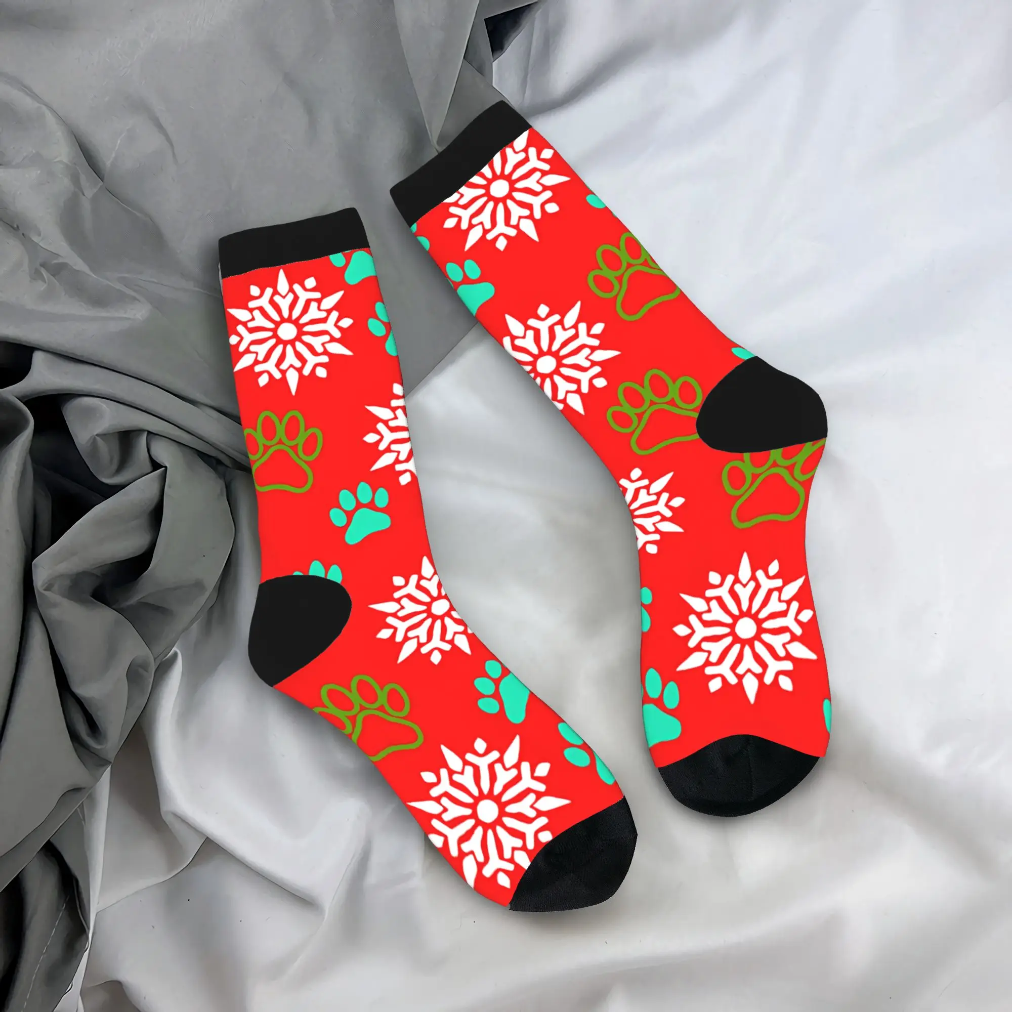 Winter Warm Cool Men's Women's Christmas Snowflakes and Paws Aqua and Green on Red Socks  Sweat Absorbing Football Socks