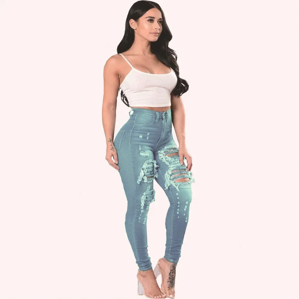Celana Jeans Wanita Model Pensil Denim Berlubang Sobek Skinny Panjang Se-mata Kaki Stretch Pinggang Tinggi Distressed Washed Streetwear