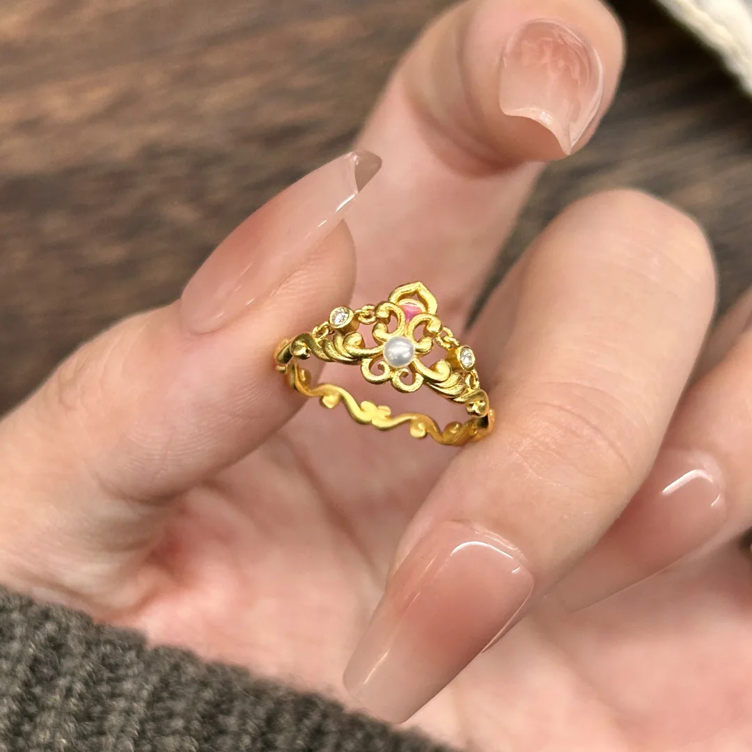 New in palace style micro inlaid pearl crown rings for women light luxury glossy ring adjustable wedding jewelry gift