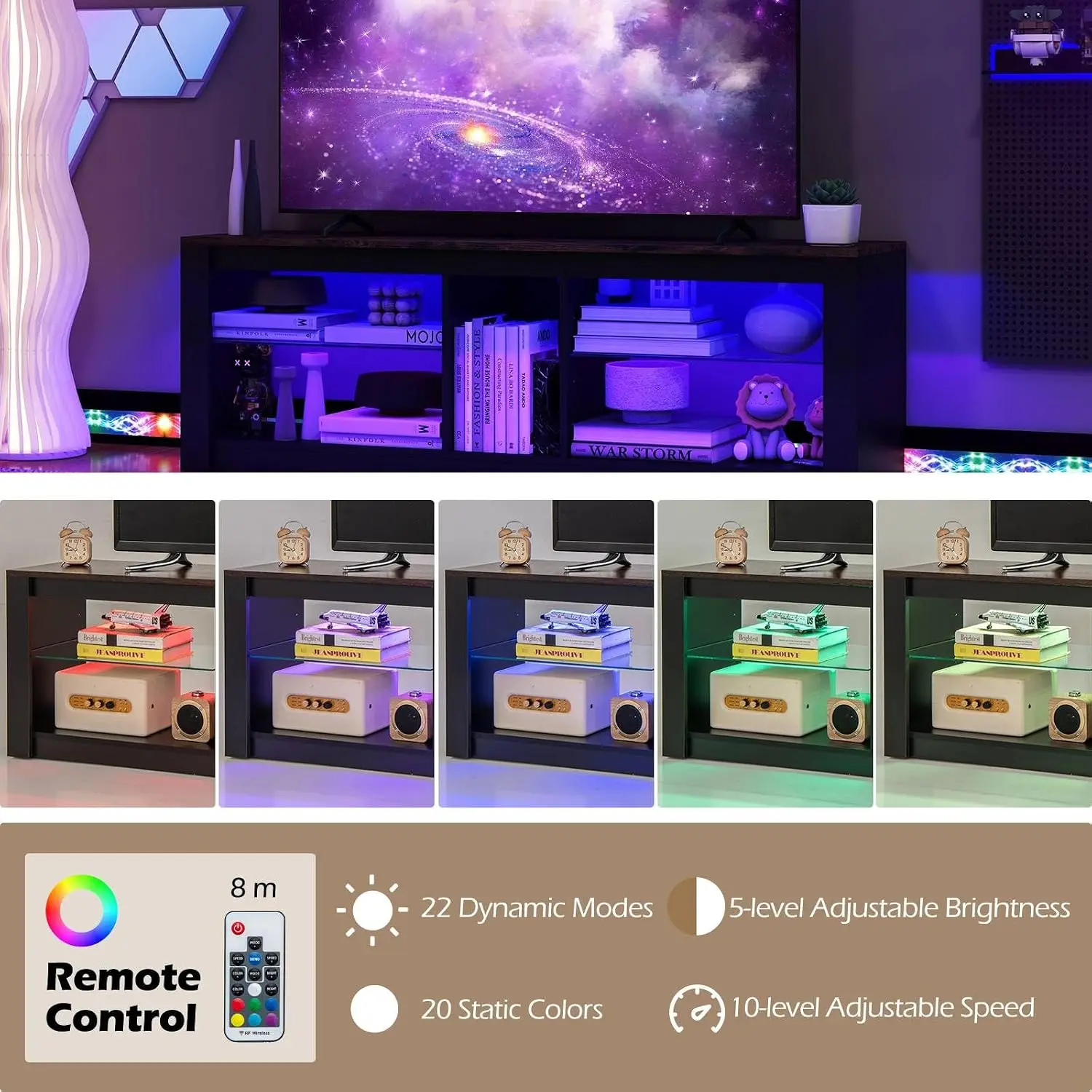 LED TV Stand for 65 Inch TVs, 140cm Media Entertainment Center TV Unit with RGB LED Lights and Adjustable Glass, Customized
