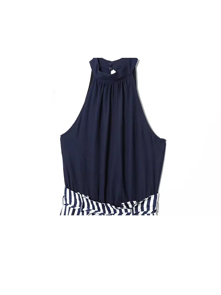 HH женский новый полосатый комбинезон без рукавов с круглым вырезом и поясом, летний женский комбинезон с карманами и полой молнией сзади, широкий комбинезон