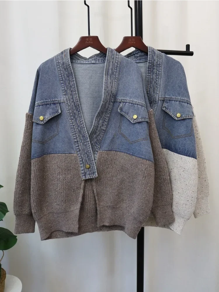 Denim Stitching Cardigan Jacket Autumn Winter New Korean Casual V-Neck Loose Pocket Design Knitwear Oversized Sweater Coat Women