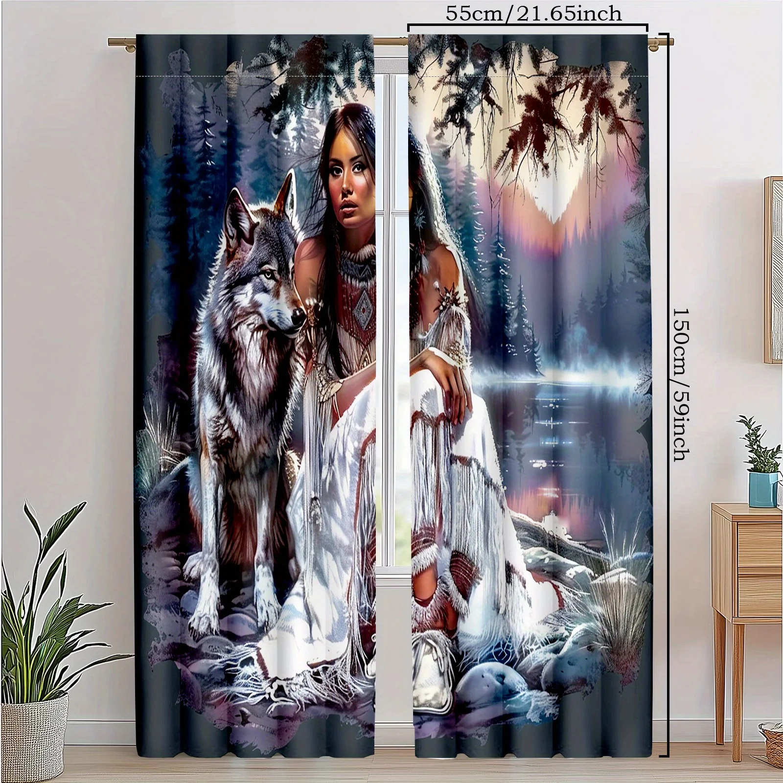 2pcs Native American Girl Wolf Curtains Blackout Drapes for Living Room Spiritual Decor Forest Animal Print Window Treatment