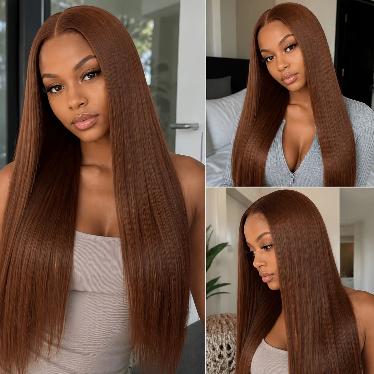 13x4 13x6 Lace Front Wig 32 Inch Brown Straight Synthetic Wig 180 Density Pre‑Plucked Hairline Lace Frontal Wig