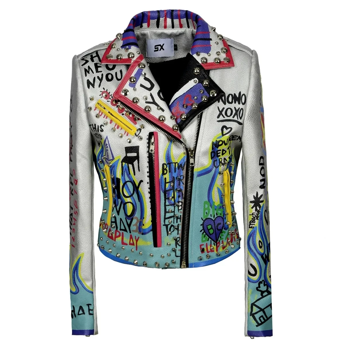 Graffiti Print Faux Leather Motorcycle Jackets for Women 2025 New Trend Streetwear Slim Short Punk Metal Studded Leather Jacket