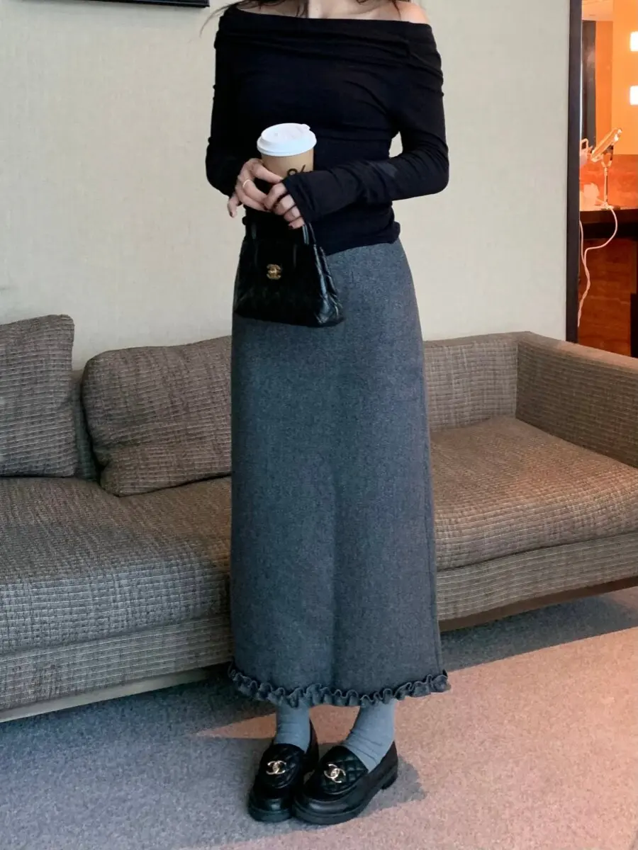 2026 Vintage Long Woolen Skirts Women's Winter Plus Velvet Thickened Skirt Ladies High Waist Split Straight Skirts U574