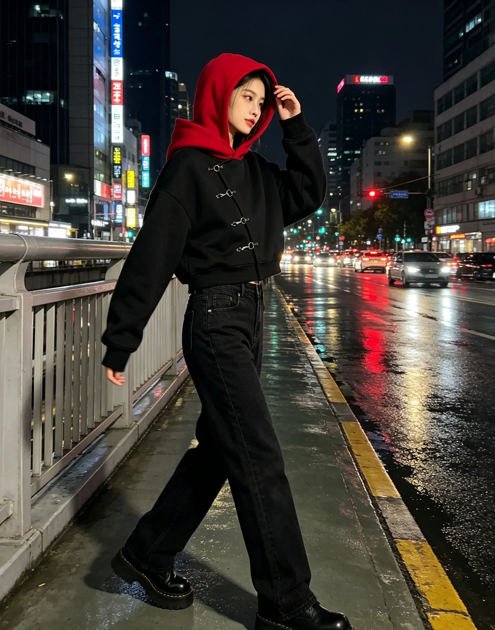 Kontrastroter Kapuzenpullover mit asymmetrischer Schnalle und Reißverschluss, Unisex, Oversized, Gothic Streetwear, lässige Kapuzenjacke – Detail 3