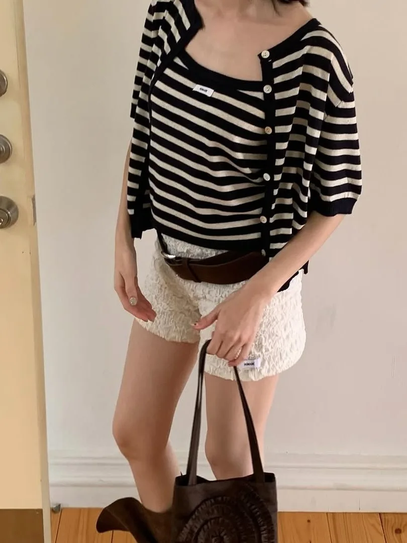 

Корейский ретро-полосатый ор открытый кардиган + майка, женский весенне-летний комплект одежды, модный дышащий акриловый материал