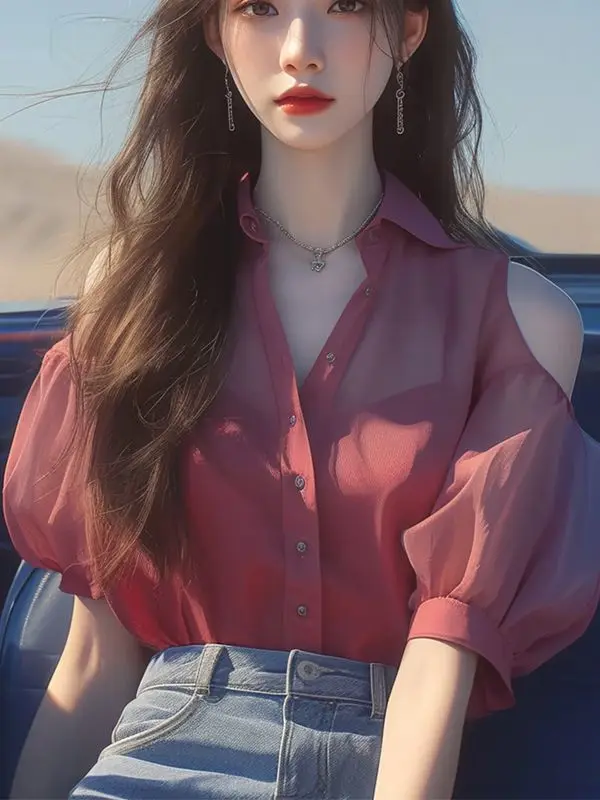 بلوزة شيفون نسائية صيفية فرنسية فريدة من نوعها باللون الأحمر بدون أكتاف