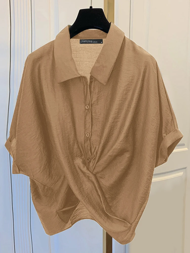 

ZANZEA 2022, летние офисные рубашки с короткими рукавами и лацканами, повседневные женские блузки, элегантные OL Blusas, стильные однотонные завязанные туники, топы