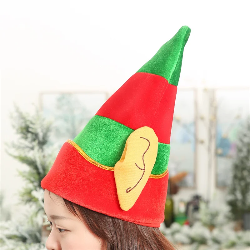 Soft Nonwoven Christmas Elf Hat Suitable for Most People Red Green Striped Hat with White Pom Pom Elf Ears Christmas Ornaments