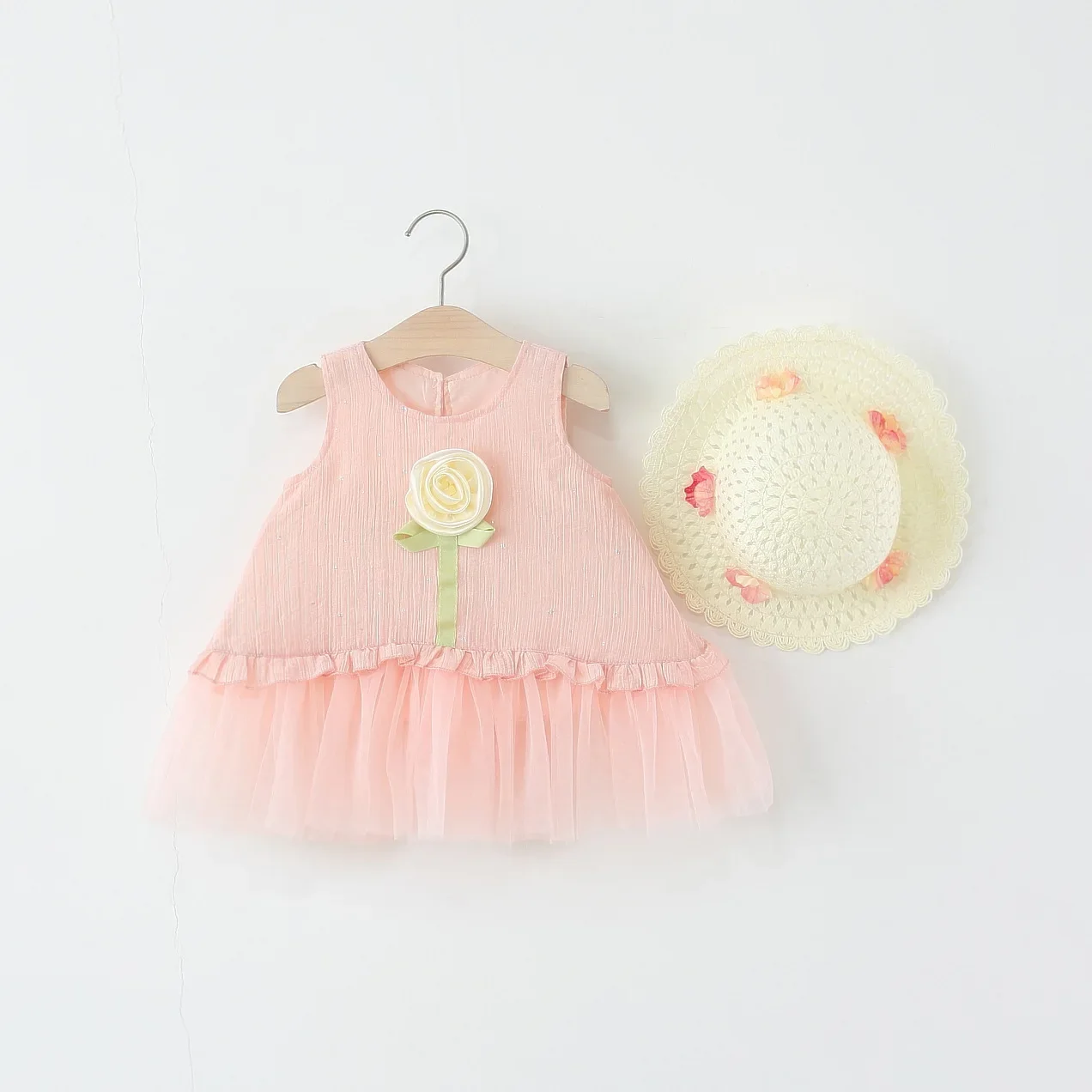 2 قطعة الصيف طفل فتاة فساتين الكورية موضة زهرة أكمام شبكة فستان الأميرة الطفل قبعة الشمس بوتيك الاطفال الملابس B048 #2