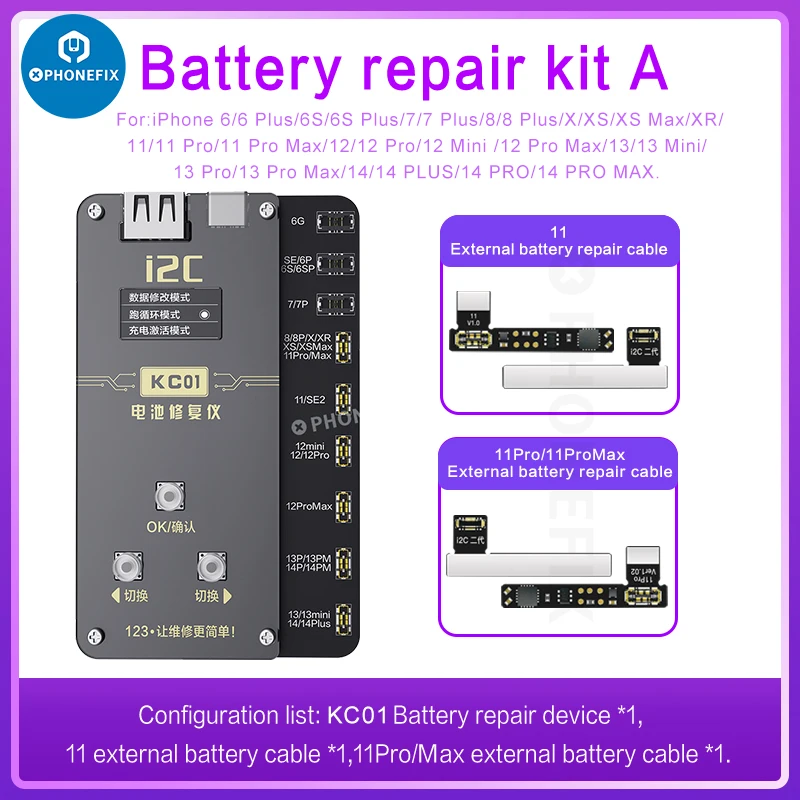 i2C KC01Battery Repair Programmer for iPhone X-15 Pro Max Battery Error Health Warnning Cycle Modify Battery Data Read&Write Box